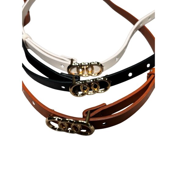 Set Of 3 Slim Belts With Gold Buckle In White Black Brown Faux Leather - Picture 2 of 3